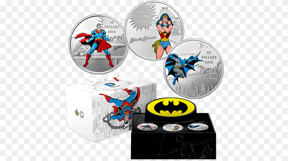 Pure Silver Coloured 3 Coin Subscription Dc Comicstm Dc Comics Coins 2016, Book, Publication, Person, Logo Free Transparent Png