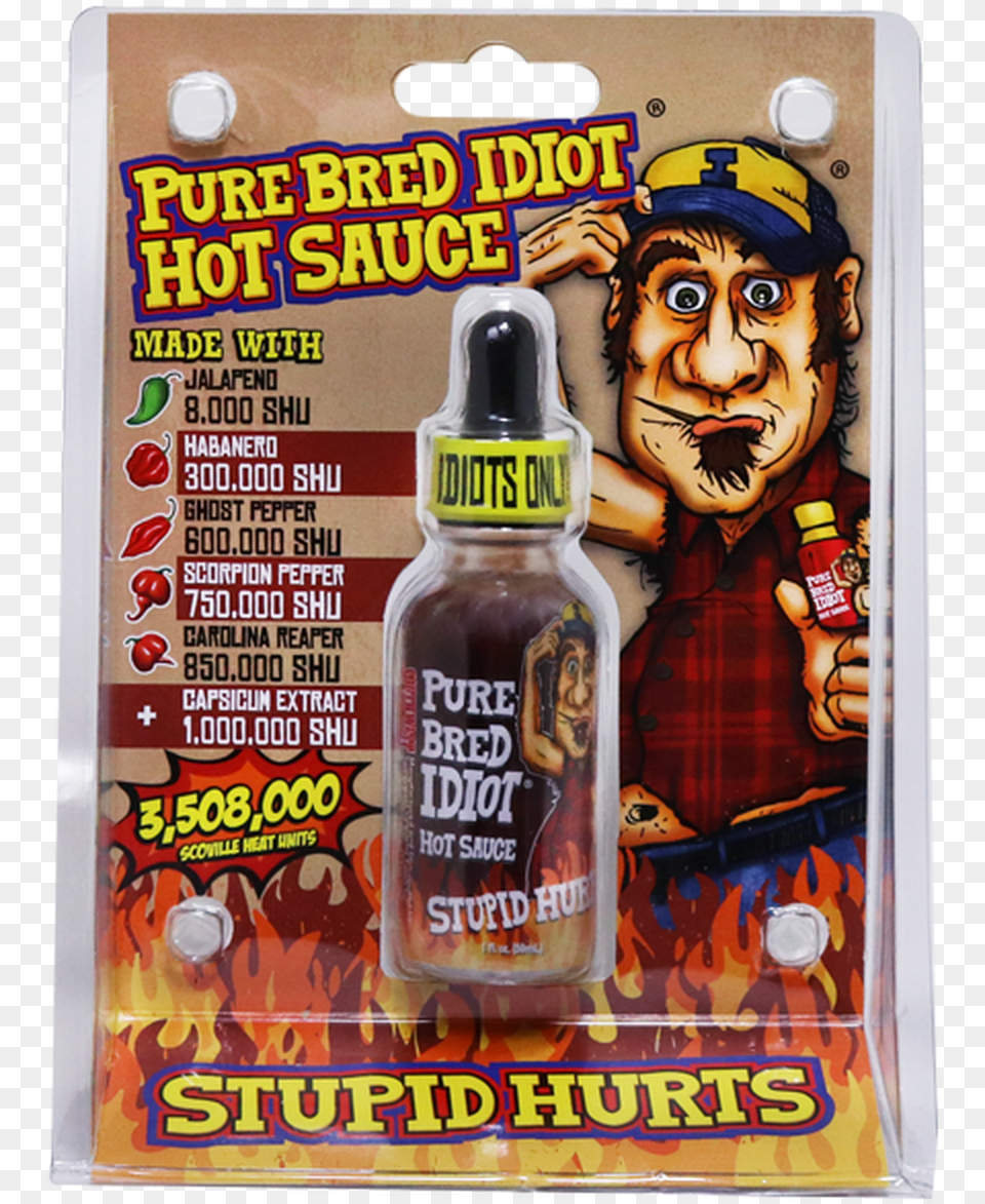 Purebred Idiot Hot Sauce Available At Pepper Explosion Hottest Hot Sauce, Advertisement, Adult, Male, Man Png