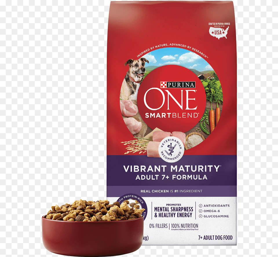 Purina One Vibrant Maturity Product Bag And Bowl Of Purina One Puppy Food, Advertisement, Animal, Canine, Dog Free Transparent Png