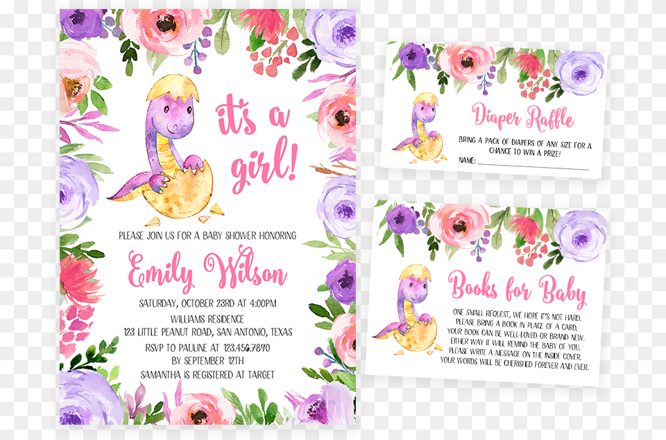 Purple And Pink Dinosaur Baby Shower Invitation Pack Dinosaur Baby Shower Purple, Advertisement, Poster, Mail, Greeting Card Png Image