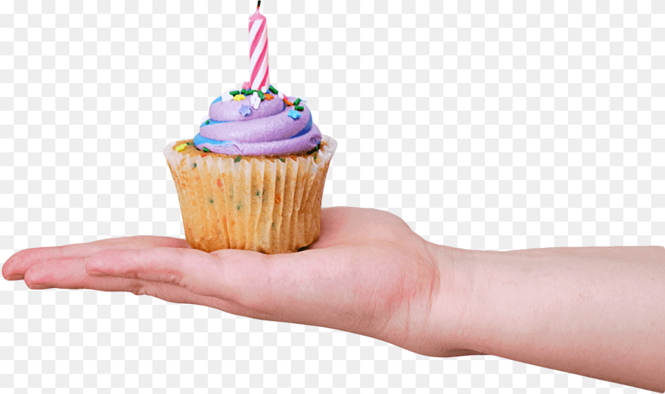 Purple Birthday Cup Cake In Hand Transparent Background Birthday Cupcake, Cream, Dessert, Food, Icing Free Png