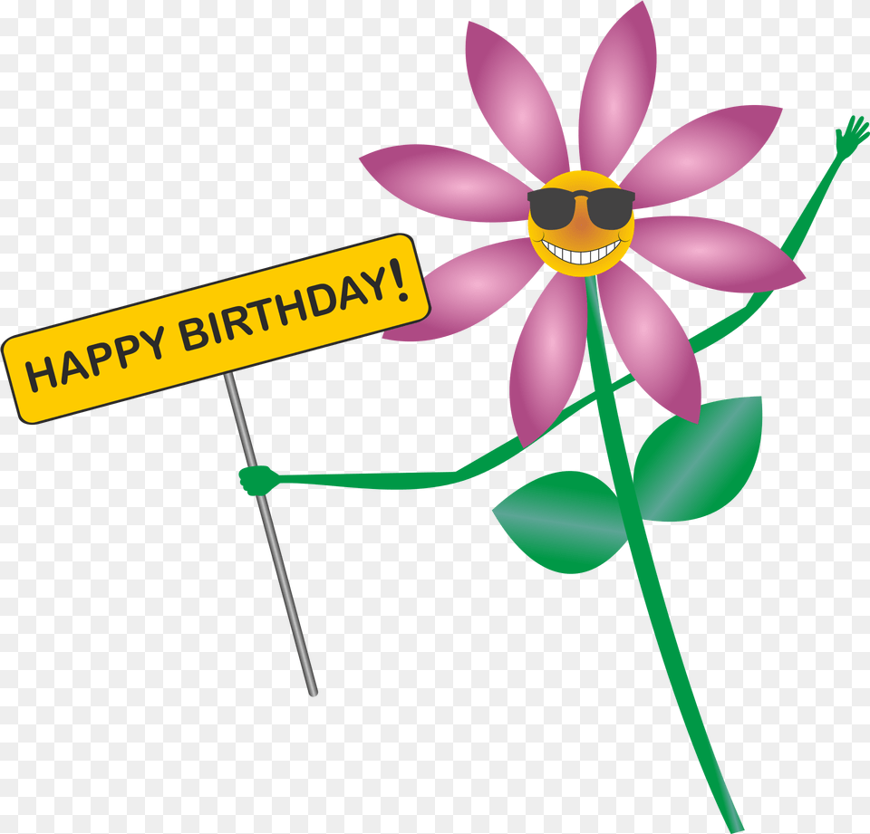 Purple Flower With Banner Happy Birthday Happy Birthday Flower Cartoon, Daisy, Plant, Petal Free Transparent Png