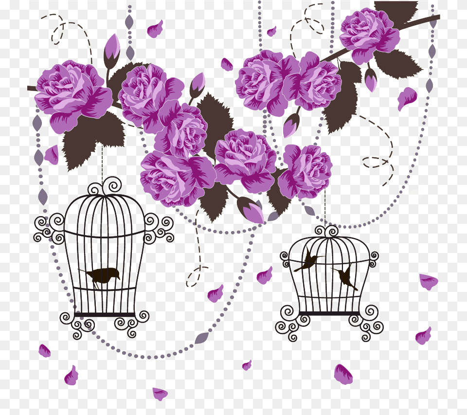 Purple Flowers Birds Birdie Birdcage Cages Decor Purple, Plant, Flower, Pattern, Rose Png