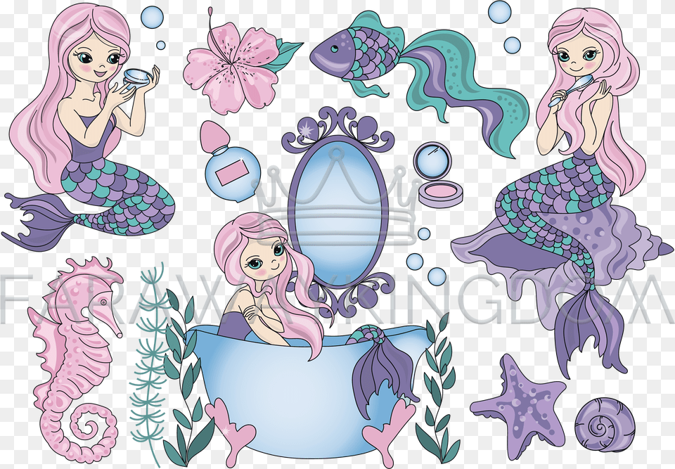 Purple Mermaid Underwater Tropical Vector Illustration Set Cartoon Purple Mermaid, Publication, Book, Comics, Adult Free Transparent Png