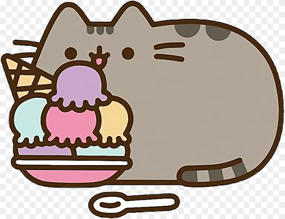 Pusheen Sticker Cartoon Cat Eating Pusheen, Cutlery, Fork, Cream, Dessert Png Image