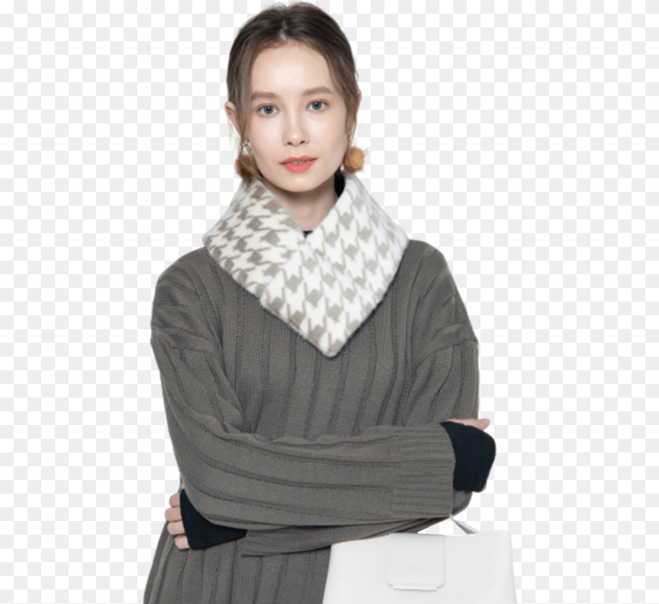 Quilted Panel Houndstooth Scarf Scarf, Woman, Adult, Sweater, Clothing Free Png