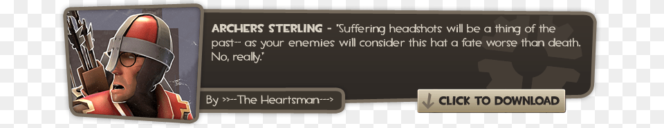 Quotsuffering Headshots Will Be A Thing Of The Past As Tf2 Rifleman39s Regalia, Person, Helmet, Text, American Football Free Transparent Png