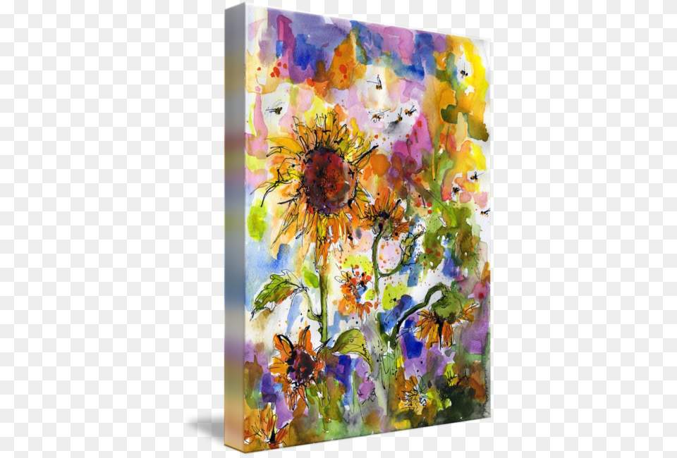 Quotsunflowers Bees Watercolor Painting By Ginettequot By Gallery Wrapped Canvas Art Print 24 X 32 Entitled Sunflowers, Modern Art Png Image