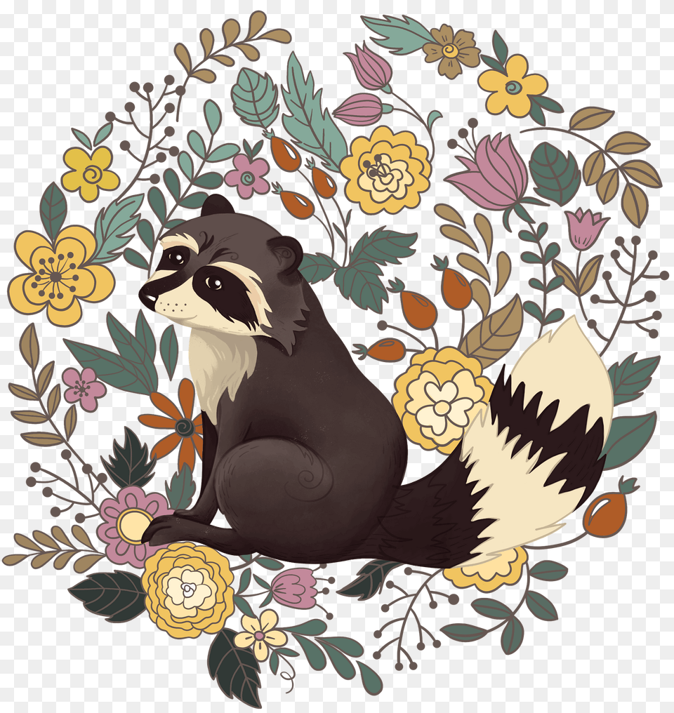 Raccoon In Flowers Clipart, Pattern, Art, Graphics, Floral Design Png Image