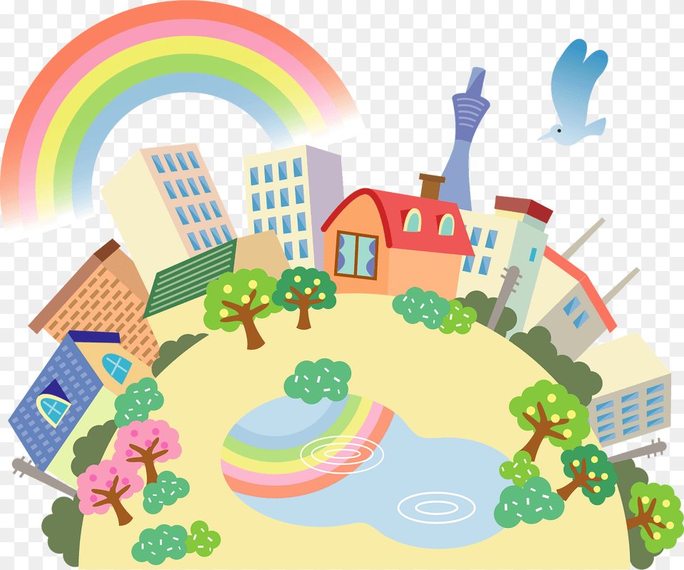 Rainbow Over Town And Reflected In Water Clipart, Neighborhood, Art, Graphics, City Free Transparent Png