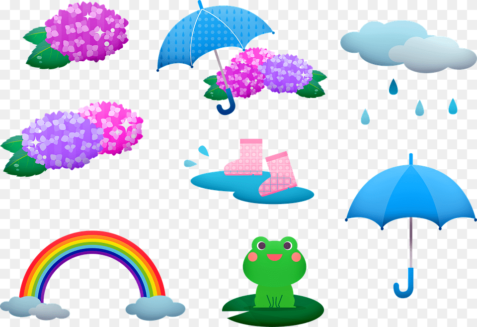 Rainy Season Frog Kawaii Asian Hydrangea Rain Rain, Purple Png Image