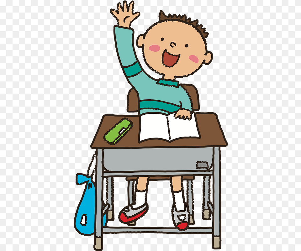 Raised Hand Student Vector Student Raising Hand Cartoon, Desk, Furniture, Table, Baby Png Image