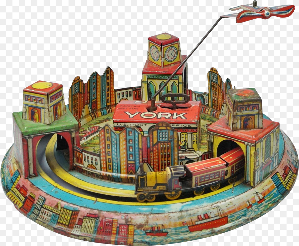 Rare Louis Marx Tin Wind Up Toy New York Skyline 1928 Carousel, City, Machine, Wheel, Play Area Png Image