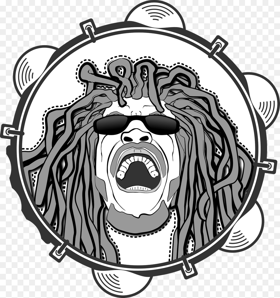Rastafarian Head Framed By A Tambourine Black And White Clipart, Accessories, Sunglasses, Face, Person Png