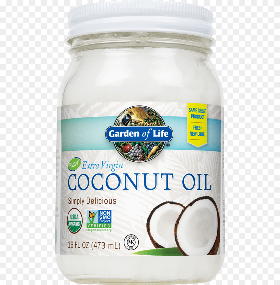 Raw Extra Virgin Coconut Oil Glass Jar Garden Of Life Coconut Oil, Food, Fruit, Produce, Plant Png Image