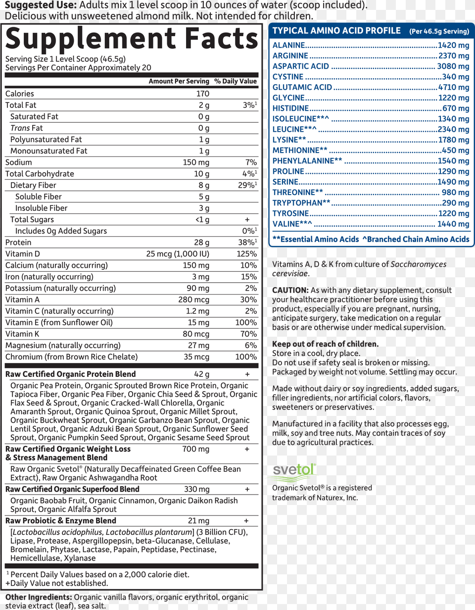 Raw Organic Fit Protein Nutrition Facts, Page, Text, Menu Free Png Download