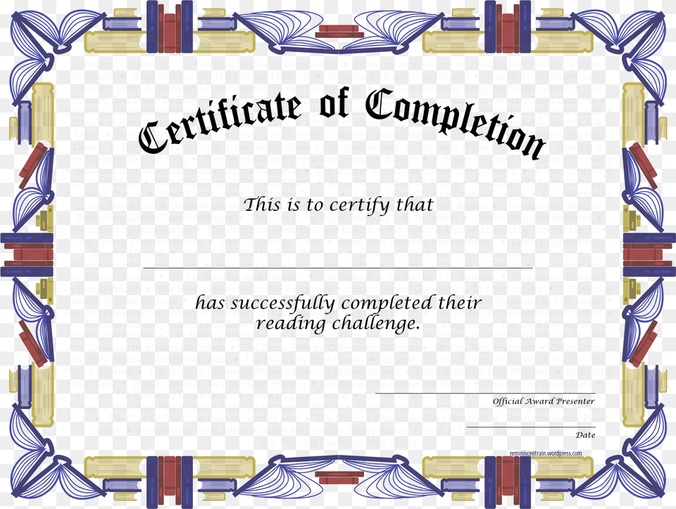 Reading Challenge Certificate Of Completion Freebies Certificate, Text Free Png Download