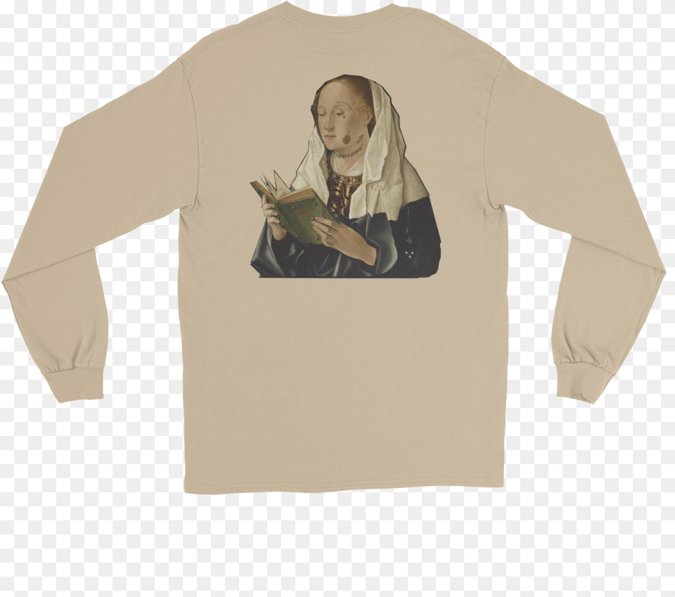 Reading Virgin Mary Long Sleeve Tee Long Sleeved T Shirt, Long Sleeve, Clothing, T-shirt, Person Free Png