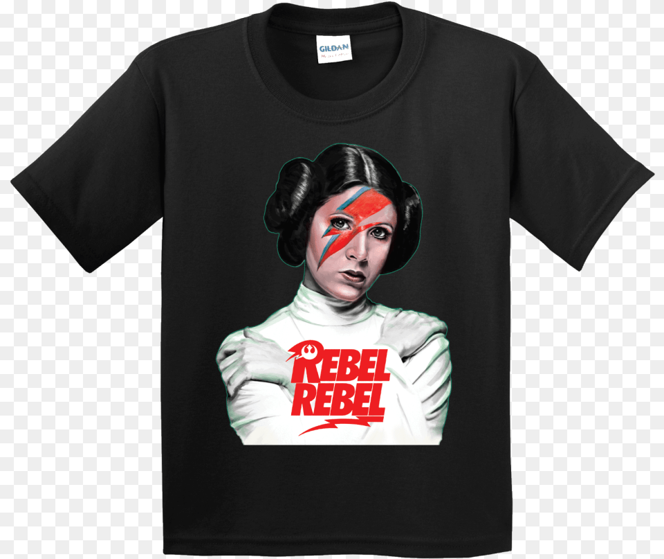 Rebel Star Wars David Bowie T Shirt Rare Movie Princess Leia Rebel Rebel, Adult, Clothing, Female, Person Png Image