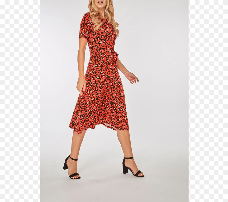 Red Animal Print Jersey Midi, Adult, Shoe, Person, High Heel Free Png