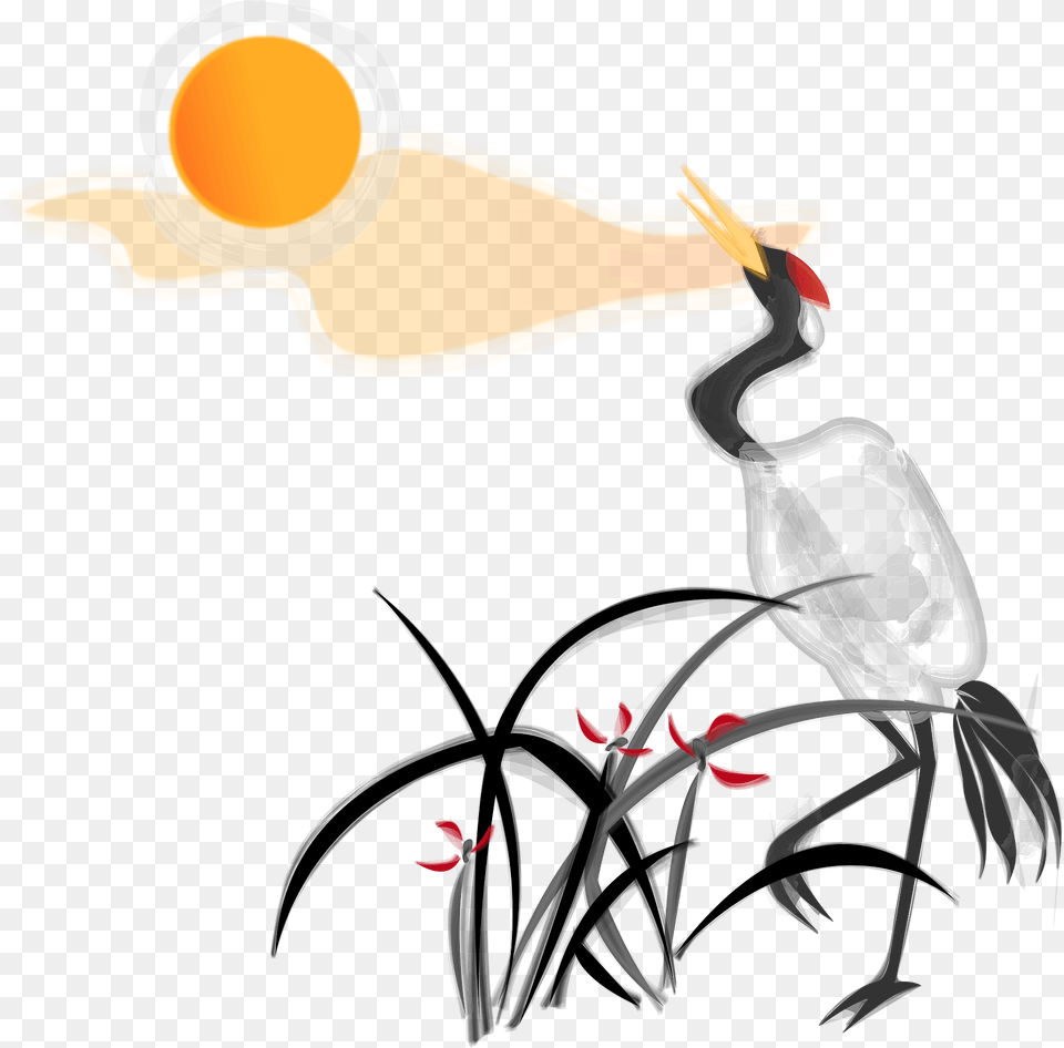 Red Crowned Crane And Moon Clipart, Art, Graphics, Animal, Fish Png Image