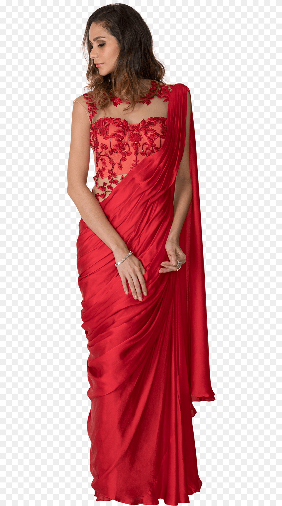 Red Embroidered Saree Gown Red Gown Saree, Adult, Person, Formal Wear, Female Png Image