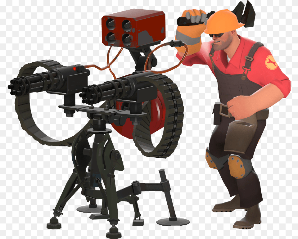 Red Engineer With A Level 3 Sentry Gun Engineer Building A Sentry, Person, Tripod, Accessories, Glasses Png