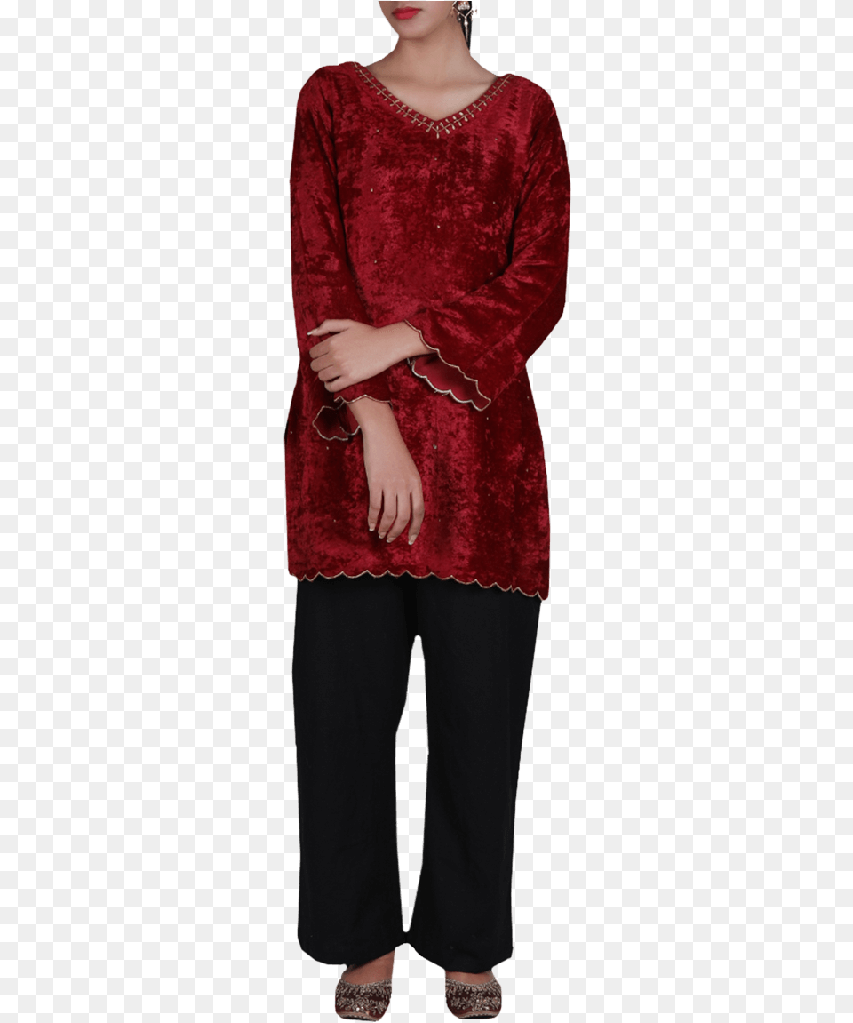 Red Flare Sleeved Zari Embroidered Chenille Kurta Velvet, Long Sleeve, Clothing, Sleeve, Person Free Transparent Png
