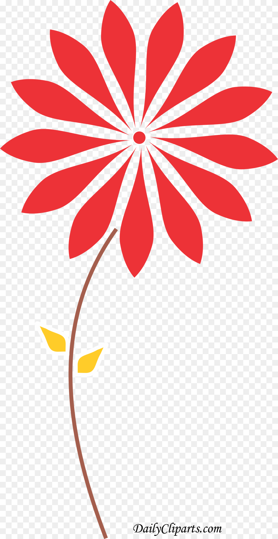 Red Flower Yellow Leaves Brown Stem Clipart Icon Daily Daisy Flower Cut Out, Art, Plant, Floral Design, Petal Png