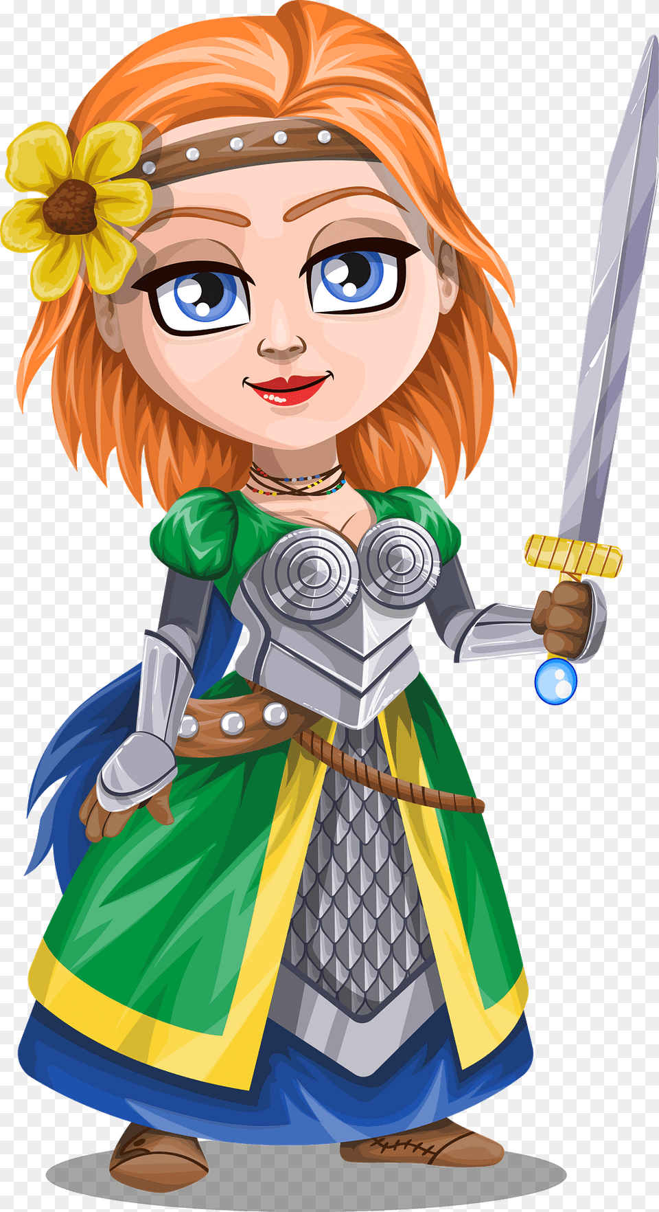 Red Haired Woman Warrior With Armor And Sword Clipart, Book, Comics, Publication, Person Png Image