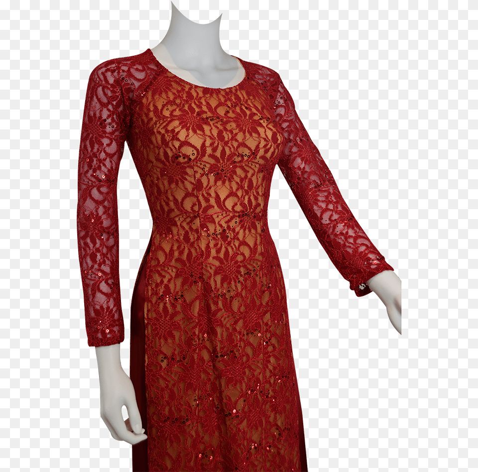 Red Lace Ao Dai Vietnamese Traditional Long Dress Cocktail Dress, Clothing, Sleeve, Long Sleeve, Formal Wear Png