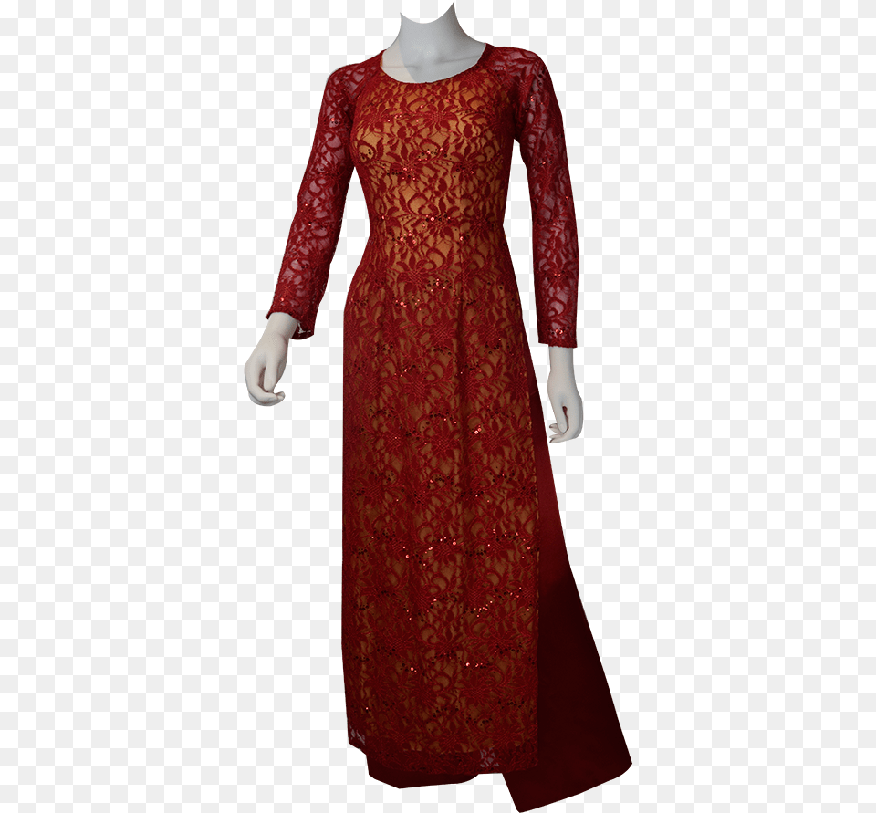 Red Lace Ao Dai Vietnamese Traditional Long Dress Gown, Long Sleeve, Sleeve, Formal Wear, Velvet Free Transparent Png