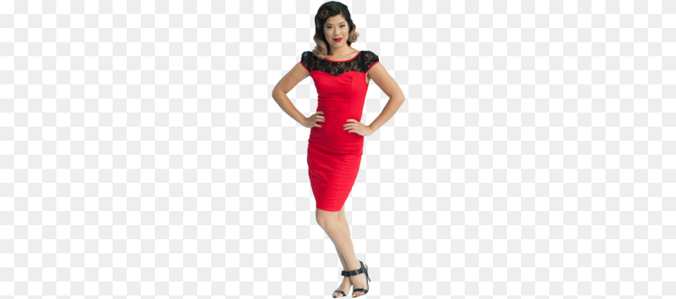 Red Lace Pinup Pencil Dress Dress, Adult, Sandal, Person, Formal Wear Png