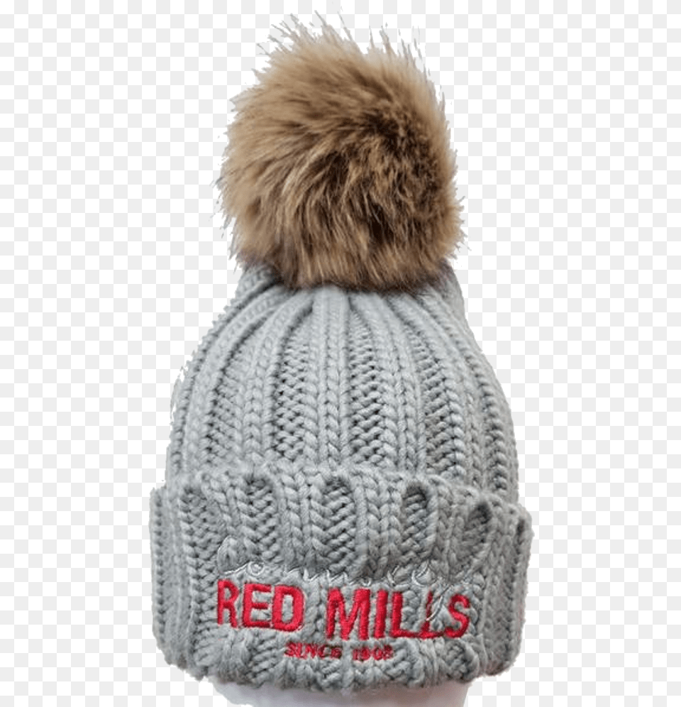 Red Mills Fur Pom Chunky Knit Bobble Hat In Grey Hat, Cap, Clothing, Knitwear, Sweater Free Transparent Png