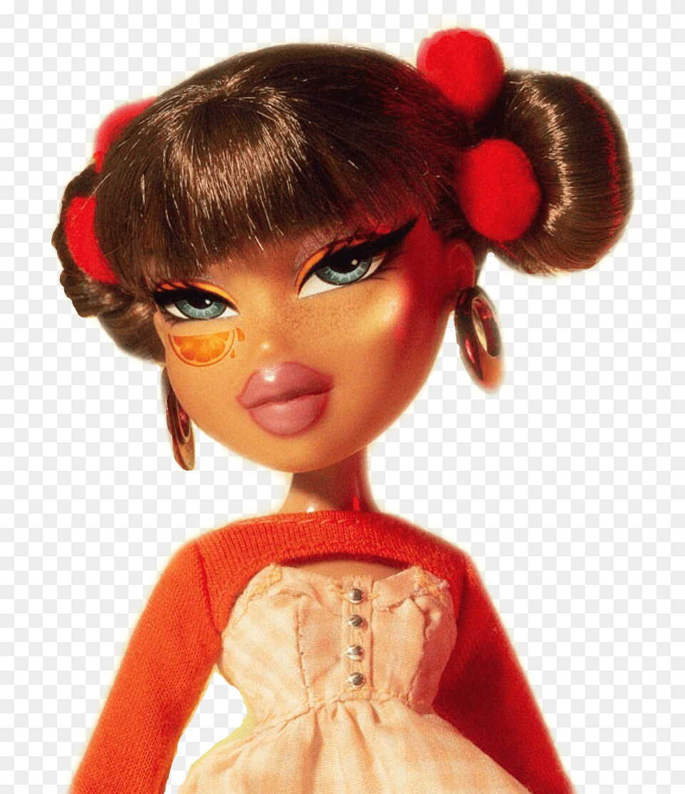 Red Orange Fruit Bratz Hoops Dress Buns Doll Bratz Doll Brown Hair Pfp, Toy, Face, Head, Person Png Image