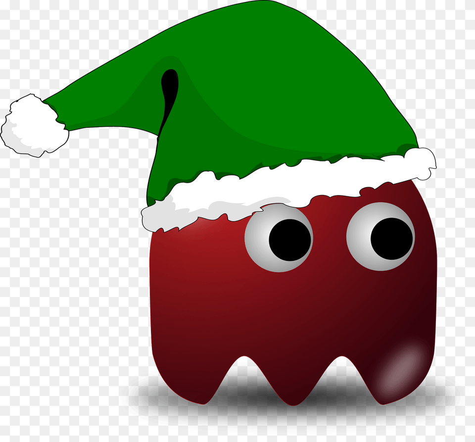 Red Pacman Ghost In Green Elf Hat Clipart, Food, Meal, Animal, Beak Png Image