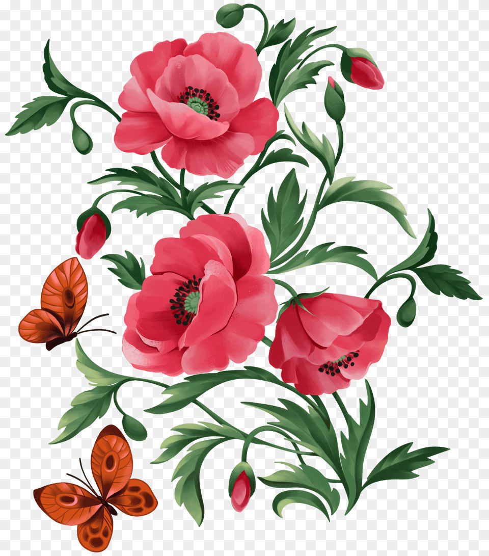 Red Poppies And Butterflies Clipart, Art, Floral Design, Graphics, Pattern Free Transparent Png