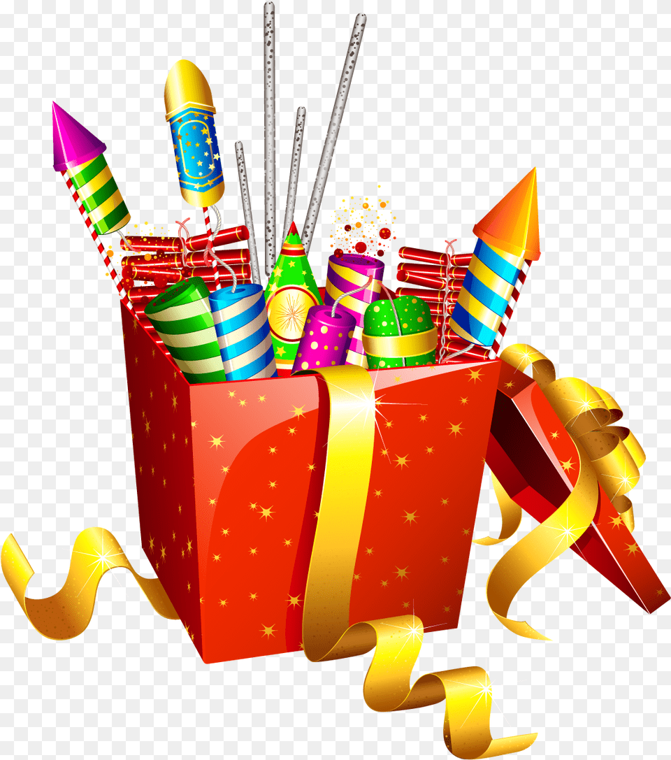 Red Present With Fireworks Diwali Crackers, Food, Sweets, Candy, Clothing Free Transparent Png