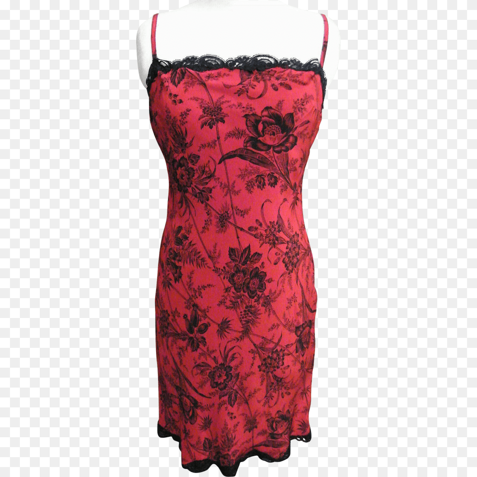 Red Rayon Slip Or Dress With Black Floral Spray Print Black Lace, Clothing, Evening Dress, Formal Wear, Person Png