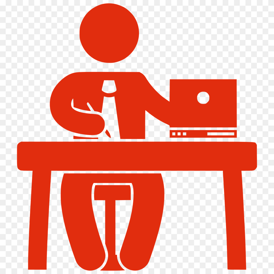 Red Silhouette Man In Office Clipart, Logo, Furniture, Table, Crowd Free Transparent Png