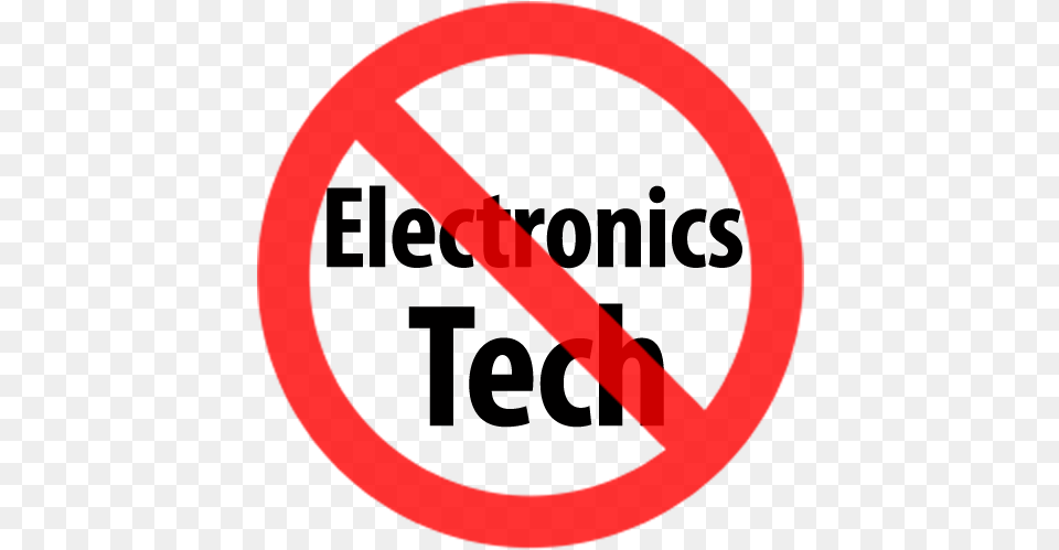 Red Slash Across The Words Electronics And Tech Circle, Sign, Symbol, Road Sign, Food Png Image