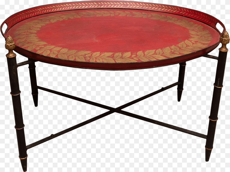 Red Tole Table With Decorative Oval Top And X Frame Base Table, Coffee Table, Furniture, Tabletop Png Image