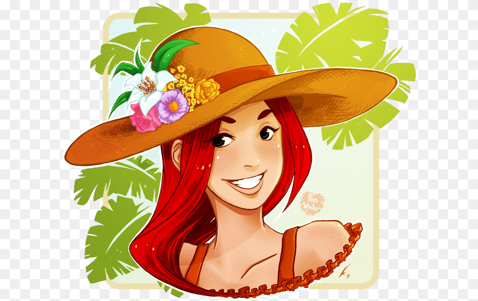 Redhead Enjoying A Tropical Summer Strawhat Illustration, Clothing, Hat, Sun Hat, Adult Free Png Download