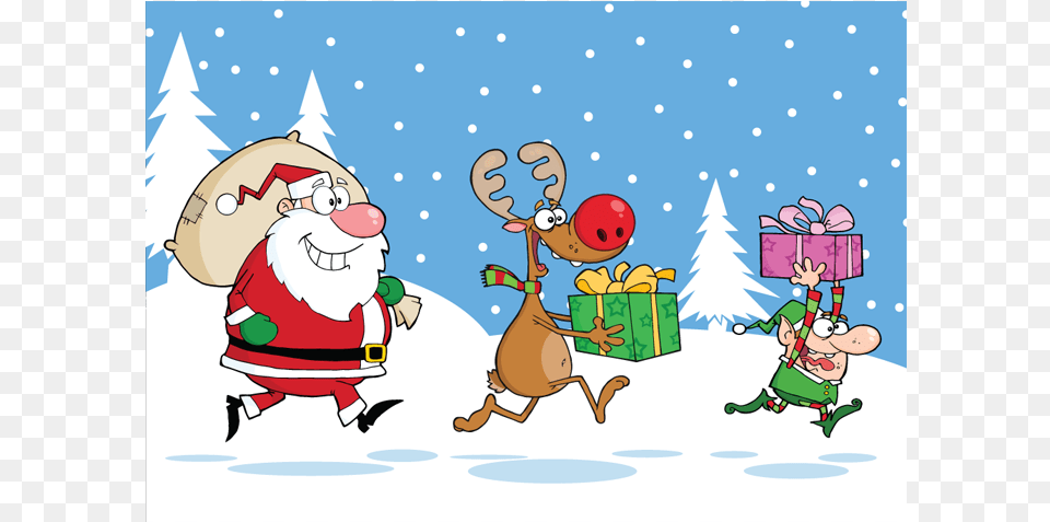Reindeer Elf And Santa Claus Carrying Christmas Santa Santa Elf And Reindeers, Baby, Person, Cartoon Png Image