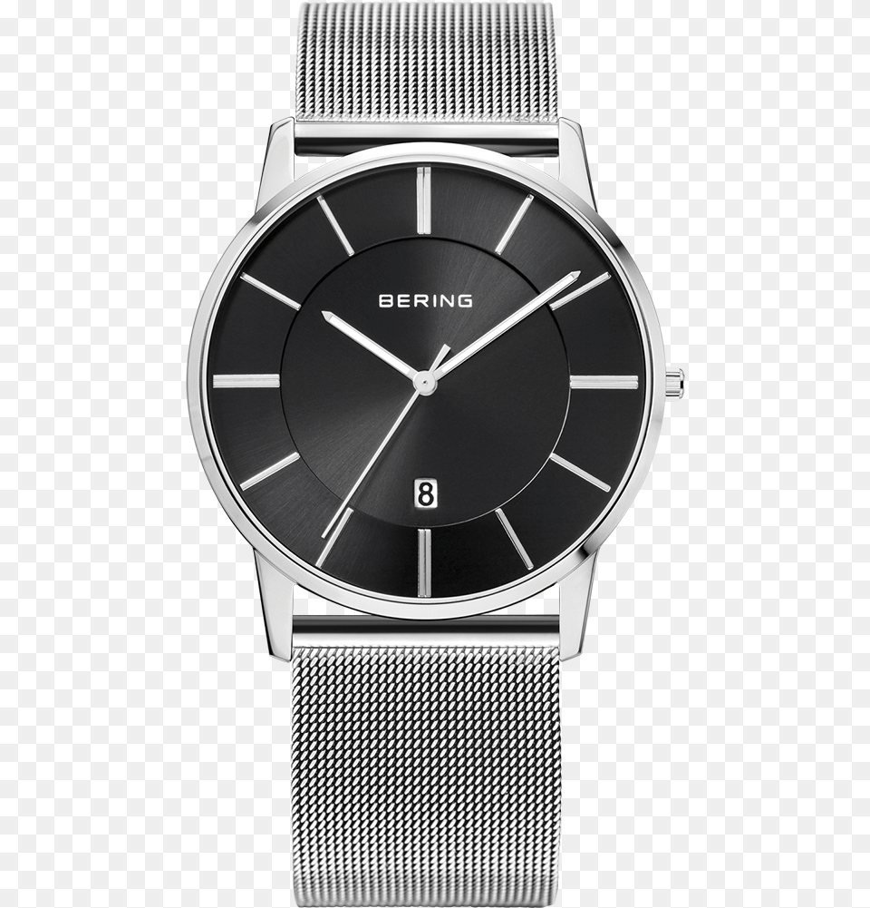 Reloj Minimalista Unisex Plateado Esfera Negra Bering Hombre Correa Milanesa, Arm, Body Part, Person, Wristwatch Png Image