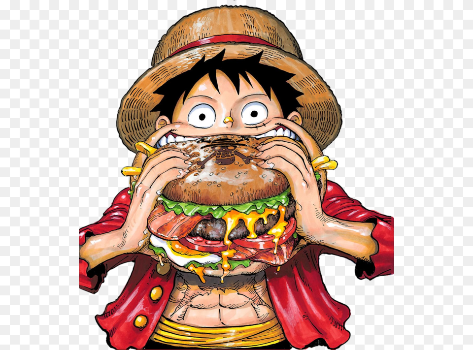 Render Of Luffy Eating A Cheeseburger Released By Shonen Monkey D Luffy Eat, Person, Burger, Food, Face Free Png
