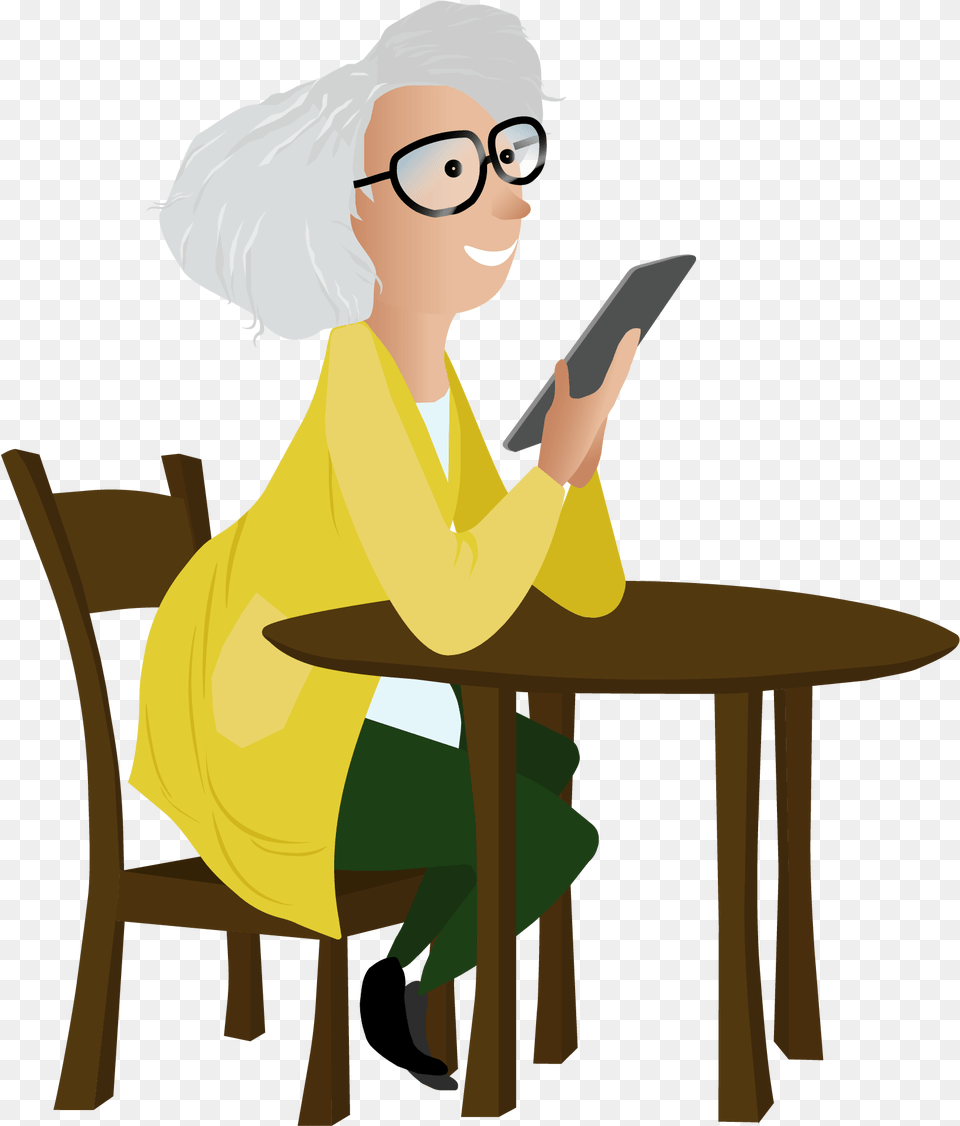 Replace Personal Visits Of Elderly Clients With Video Calls Telephony, Table, Reading, Person, Furniture Png