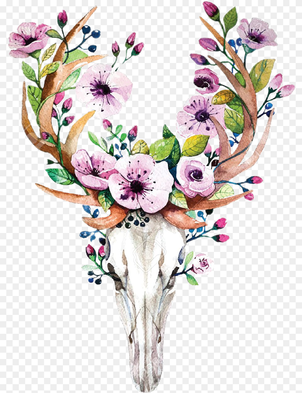 Report Abuse Deer Head With Flowers Full Size Watercolor Deer Skull With Flowers, Flower, Flower Arrangement, Plant, Art Free Png