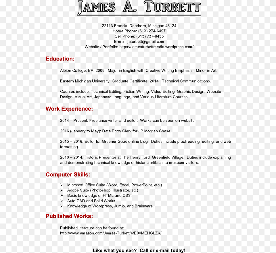 Resume James Turbett Copy Sample Resume Indicating Work Experience, Page, Text, Book, Publication Free Transparent Png