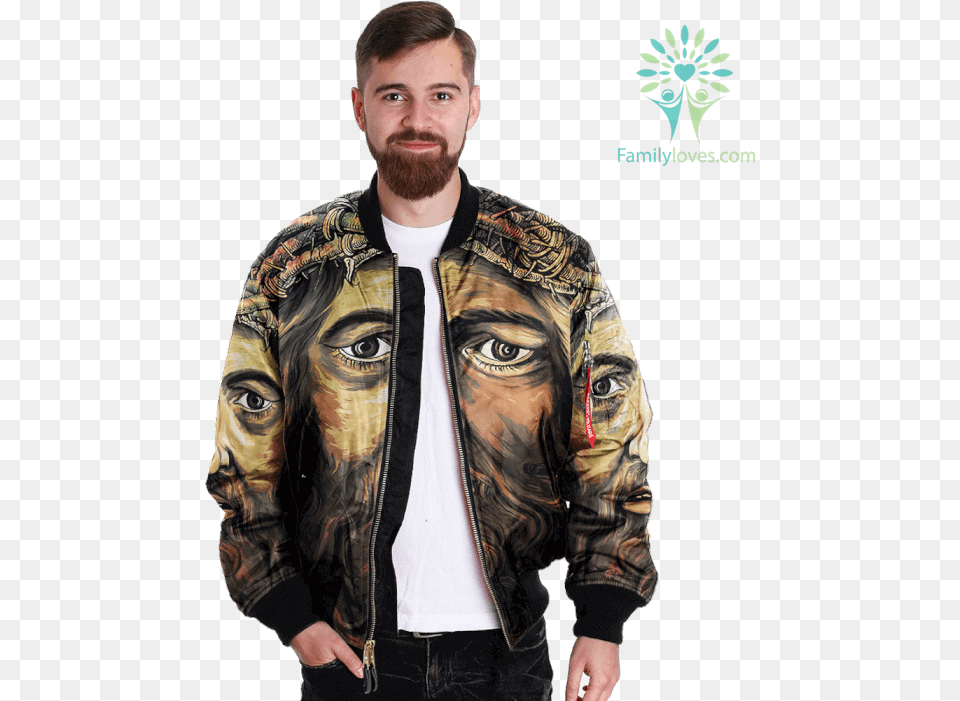 Retrato De Jesucristo Over Print Jacket Tag Familyloves Jacket, Clothing, Coat, Adult, Male Free Png Download